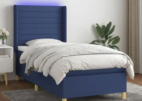 Pat cu arcuri, saltea și LED, albastru, 90x200 cm, textil - 1/5