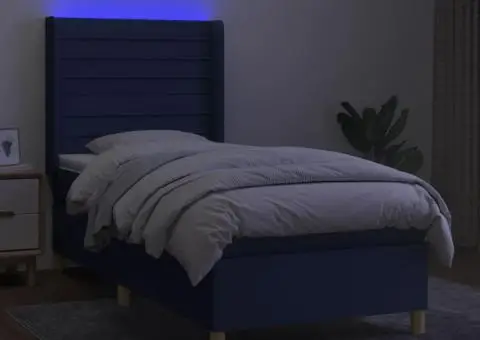 Pat cu arcuri, saltea și LED, albastru, 90x200 cm, textil - 3/5