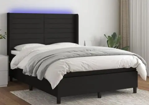 Pat cu arcuri, saltea și LED, negru, 140x190 cm, textil - 1/5