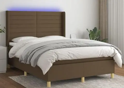 Pat cu arcuri, saltea și LED, maro închis, 140x190 cm, textil - 1/5