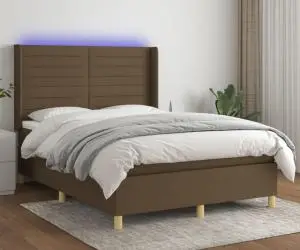 vidaXL Pat cu arcuri, saltea și LED, maro închis, 140x190 cm, textil