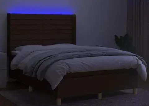 Pat cu arcuri, saltea și LED, maro închis, 140x190 cm, textil - 3/5