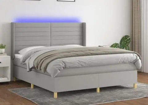 Pat cu arcuri, saltea și LED, gri deschis, 160x200 cm, textil - 1/5