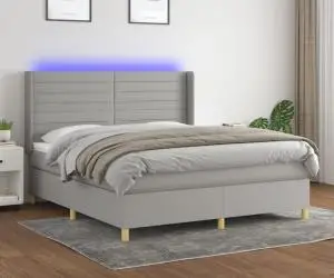 vidaXL Pat cu arcuri, saltea și LED, gri deschis, 160x200 cm, textil