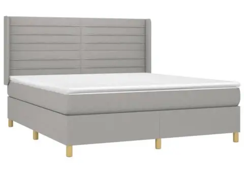 Pat cu arcuri, saltea și LED, gri deschis, 160x200 cm, textil - 4/5