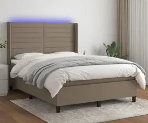 vidaXL Pat cu arcuri, saltea și LED, gri taupe, 140x200 cm, textil