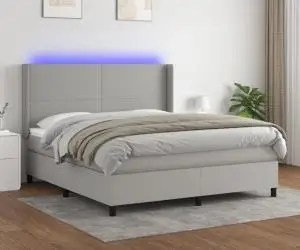 vidaXL Pat cu arcuri, saltea și LED, gri deschis, 180x200 cm, textil