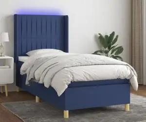 vidaXL Pat cu arcuri, saltea și LED, albastru, 90x200 cm, textil