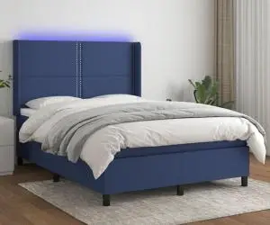 vidaXL Pat cu arcuri, saltea și LED, albastru, 140x190 cm, textil