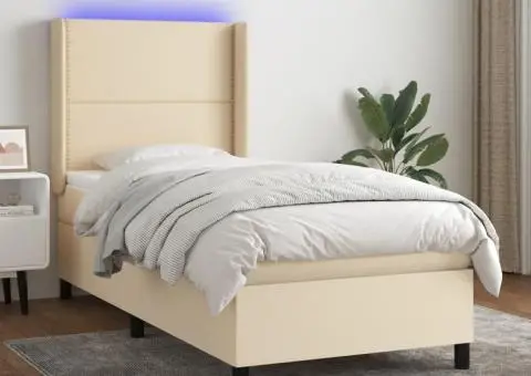 Pat cu arcuri, saltea și LED, crem, 90x190 cm, textil - 1/5