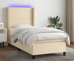 vidaXL Pat cu arcuri, saltea și LED, crem, 90x190 cm, textil