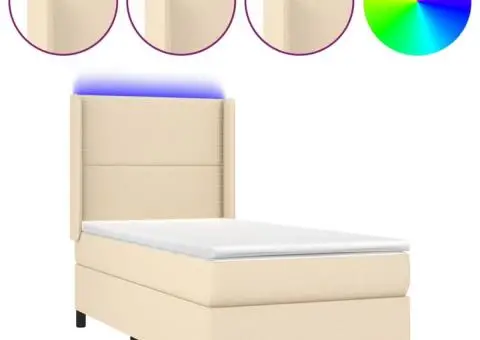 Pat cu arcuri, saltea și LED, crem, 90x190 cm, textil - 2/5