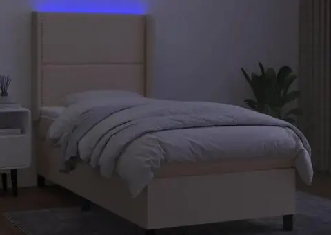 Pat cu arcuri, saltea și LED, crem, 90x190 cm, textil - 3/5