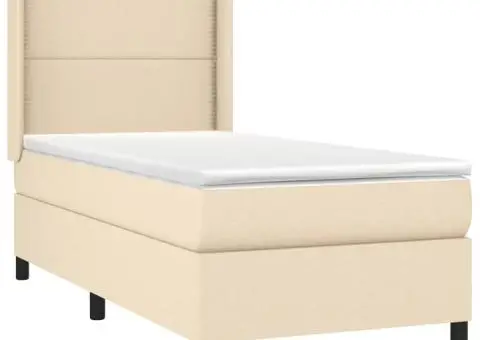 Pat cu arcuri, saltea și LED, crem, 90x190 cm, textil - 4/5