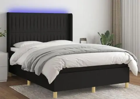 Pat cu arcuri, saltea și LED, negru, 140x200 cm, textil - 1/5