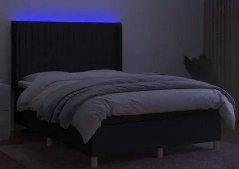 Pat cu arcuri, saltea și LED, negru, 140x200 cm, textil - 3/5