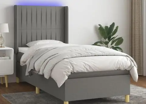 Pat cu arcuri, saltea și LED, gri închis, 80x200 cm, textil - 1/5