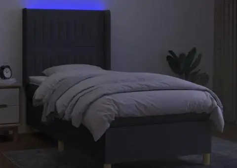 Pat cu arcuri, saltea și LED, gri închis, 80x200 cm, textil - 3/5