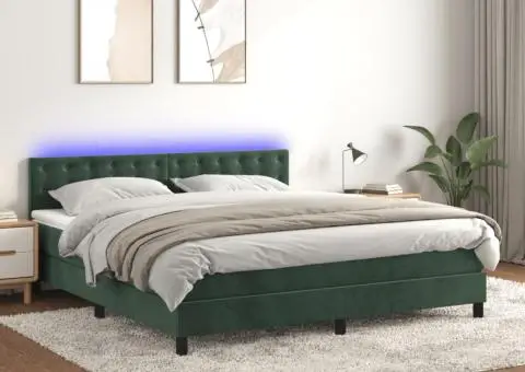 Pat cu arcuri, saltea și LED, verde închis, 160x200 cm, catifea - 1/5