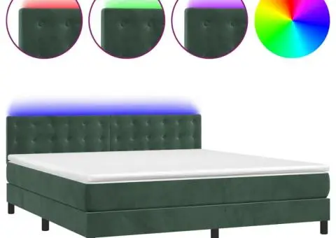 Pat cu arcuri, saltea și LED, verde închis, 160x200 cm, catifea - 2/5