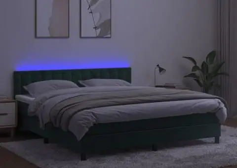 Pat cu arcuri, saltea și LED, verde închis, 160x200 cm, catifea - 4/5