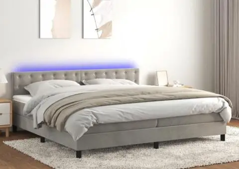 Pat cu arcuri, saltea și LED, gri deschis, 200x200 cm, catifea - 1/5