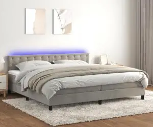 vidaXL Pat cu arcuri, saltea și LED, gri deschis, 200x200 cm, catifea