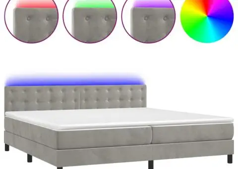 Pat cu arcuri, saltea și LED, gri deschis, 200x200 cm, catifea - 2/5