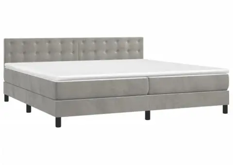 Pat cu arcuri, saltea și LED, gri deschis, 200x200 cm, catifea - 3/5