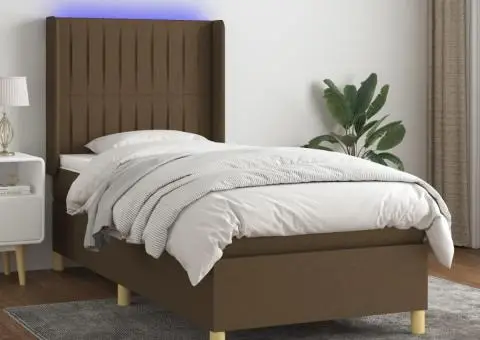 Pat cu arcuri, saltea și LED, maro închis, 80x200 cm, textil - 1/5