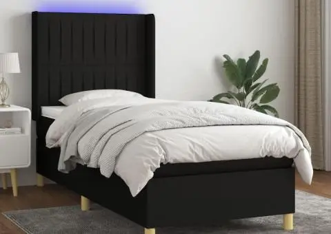 Pat cu arcuri, saltea și LED, negru, 90x190 cm, textil - 1/5