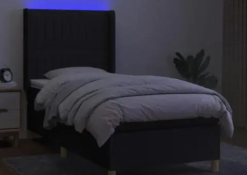 Pat cu arcuri, saltea și LED, negru, 90x190 cm, textil - 3/5