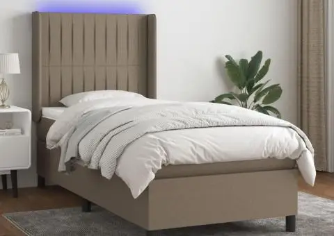 Pat cu arcuri, saltea și LED, gri taupe, 90x190 cm, textil - 1/5