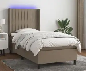 vidaXL Pat cu arcuri, saltea și LED, gri taupe, 90x190 cm, textil