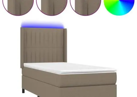 Pat cu arcuri, saltea și LED, gri taupe, 90x190 cm, textil - 2/5