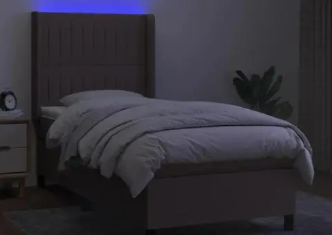 Pat cu arcuri, saltea și LED, gri taupe, 90x190 cm, textil - 3/5