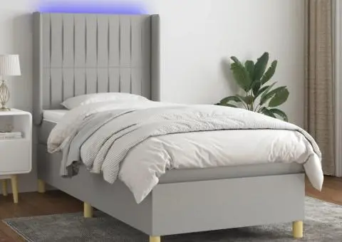 Pat cu arcuri, saltea și LED, gri deschis, 90x200 cm, textil - 1/5