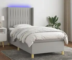 vidaXL Pat cu arcuri, saltea și LED, gri deschis, 90x200 cm, textil