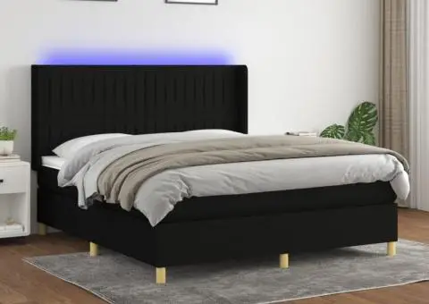 Pat cu arcuri, saltea și LED, negru, 160x200 cm, textil - 1/5