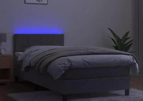 Pat cu arcuri, saltea și LED, gri deschis, 100x200 cm, catifea - 3/5