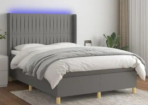 Pat cu arcuri, saltea și LED, gri închis, 140x190 cm, textil - 1/5