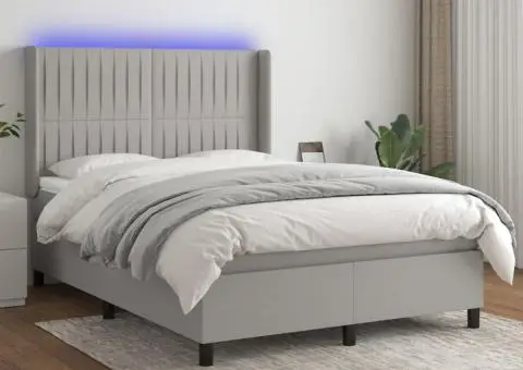 Pat cu arcuri, saltea și LED, gri deschis, 140x190 cm, textil - 1/5