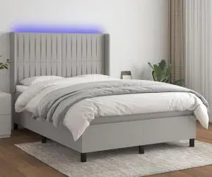 vidaXL Pat cu arcuri, saltea și LED, gri deschis, 140x190 cm, textil