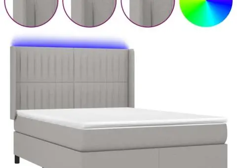 Pat cu arcuri, saltea și LED, gri deschis, 140x190 cm, textil - 2/5