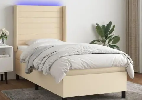 Pat cu arcuri, saltea și LED, crem, 90x200 cm, textil - 1/5