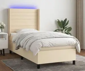 vidaXL Pat cu arcuri, saltea și LED, crem, 90x200 cm, textil