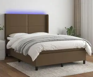 vidaXL Pat cu arcuri, saltea și LED, maro închis, 140x200 cm, textil