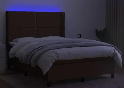 Pat cu arcuri, saltea și LED, maro închis, 140x200 cm, textil - 3/5