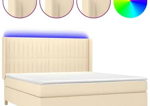 Pat cu arcuri, saltea și LED, crem, 180x200 cm, textil - 2/5