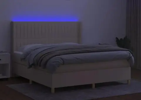 Pat cu arcuri, saltea și LED, crem, 180x200 cm, textil - 3/5